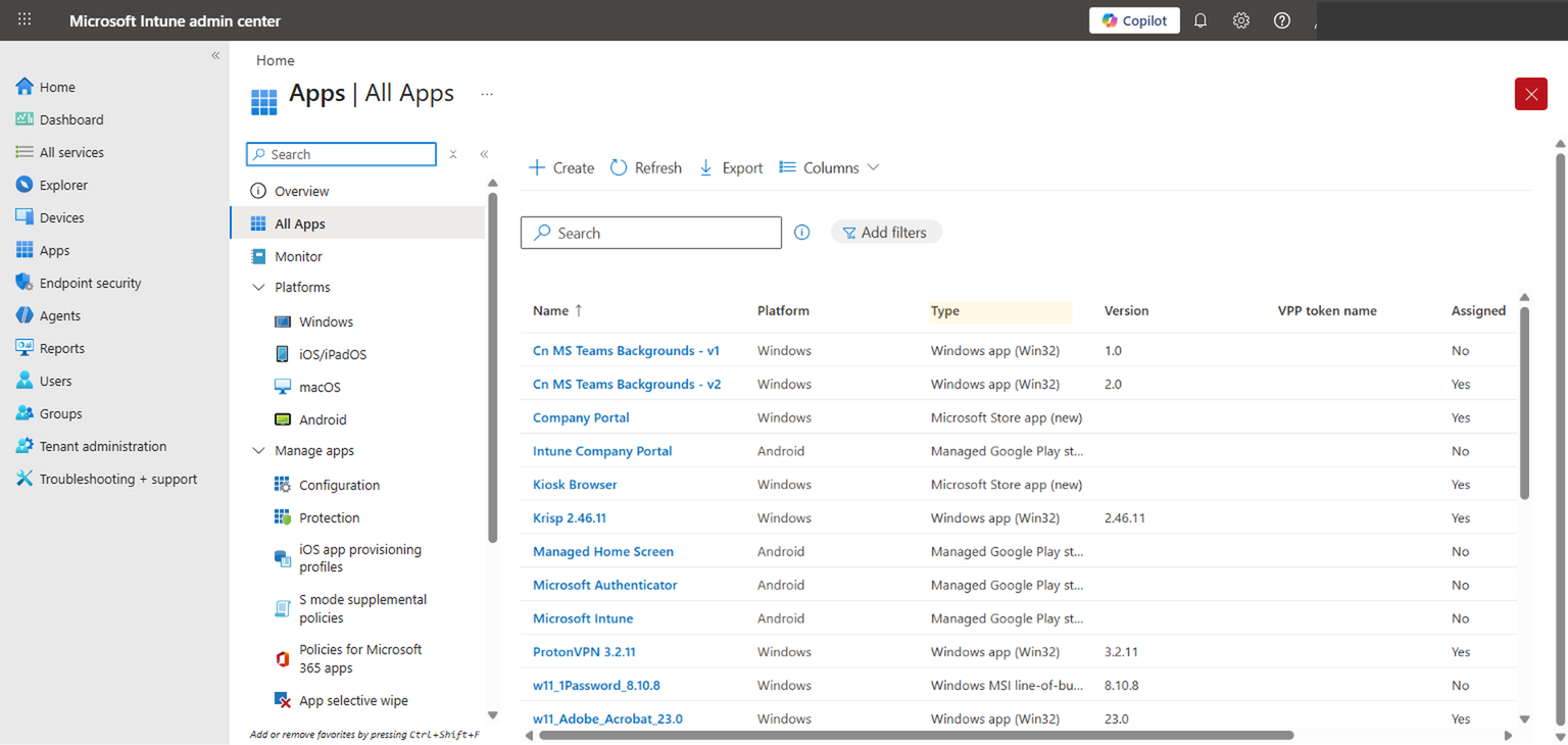 Intune Apps > All Apps view showing 26 applications with Type column highlighted
