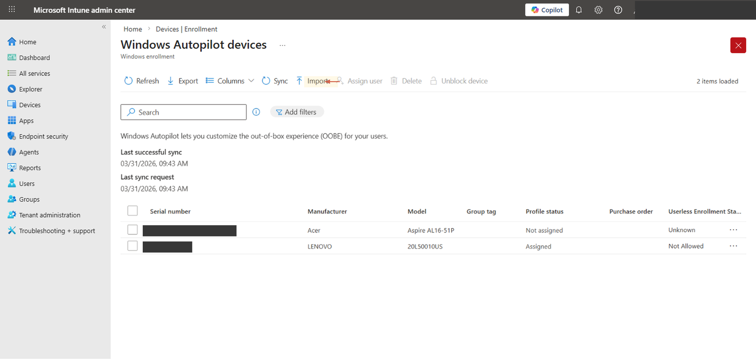 Windows Autopilot devices list showing registered devices with serial numbers, manufacturers, models, and profile assignment status