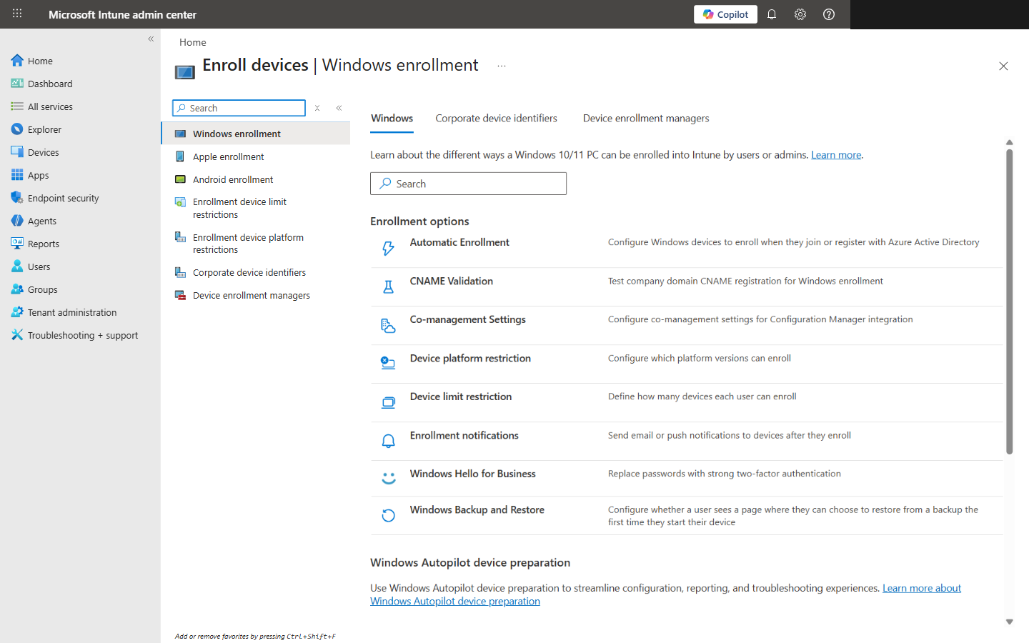 Windows enrollment options showing Autopilot configuration, ESP, and deployment profiles