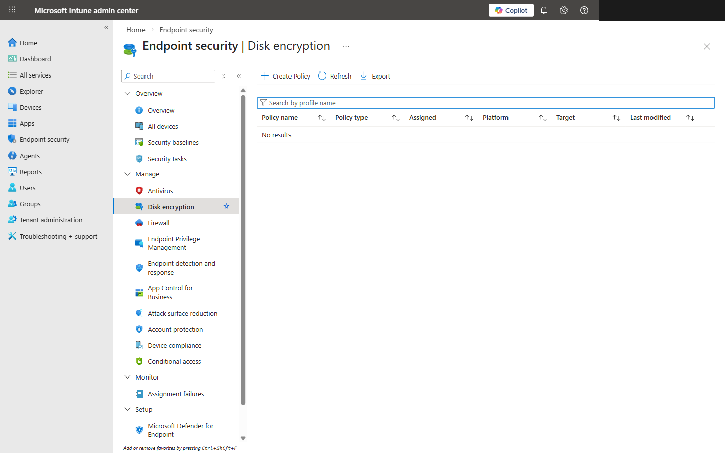 Endpoint Security Disk Encryption blade for managing BitLocker policies