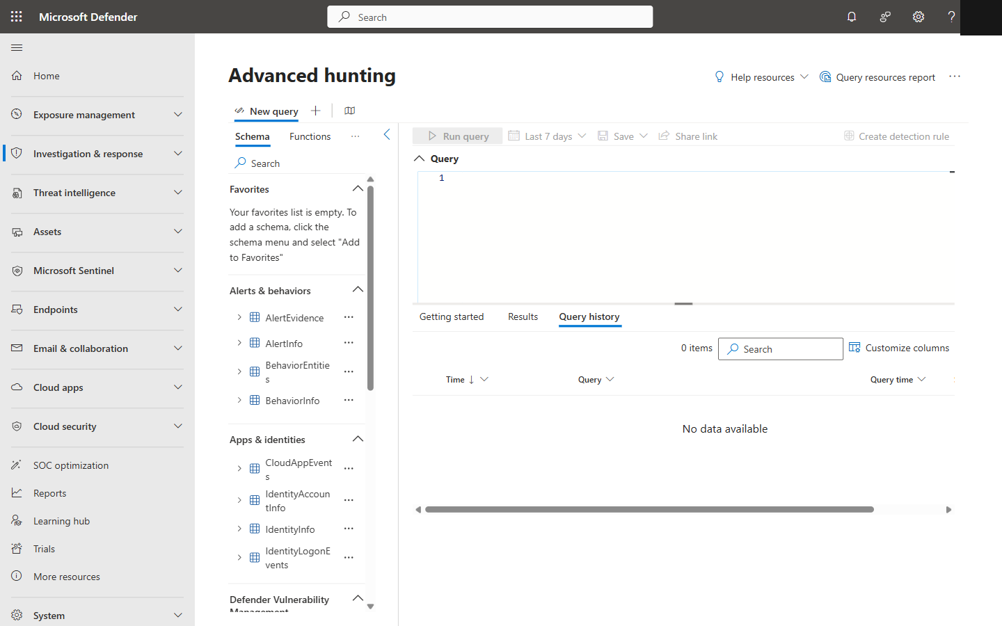 Advanced Hunting in Defender XDR with KQL query editor, schema panel, and data tables