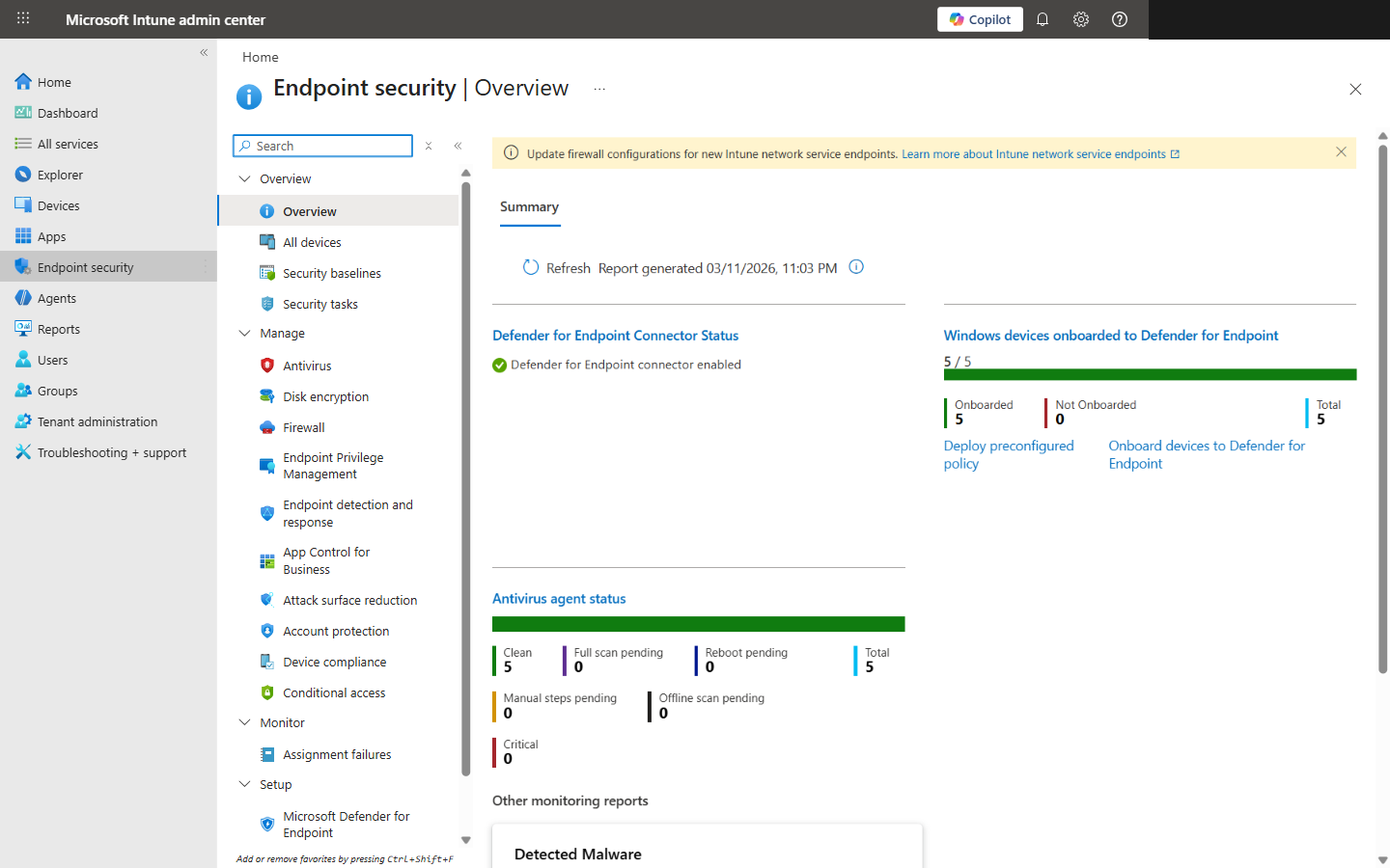 Endpoint Security Overview in Microsoft Intune showing Defender connector status and antivirus agent health