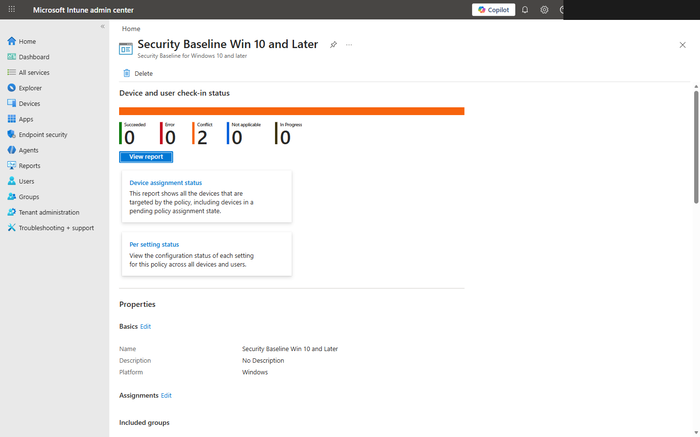 Baseline compliance overview showing Succeeded, Error, Conflict, and Not Applicable status